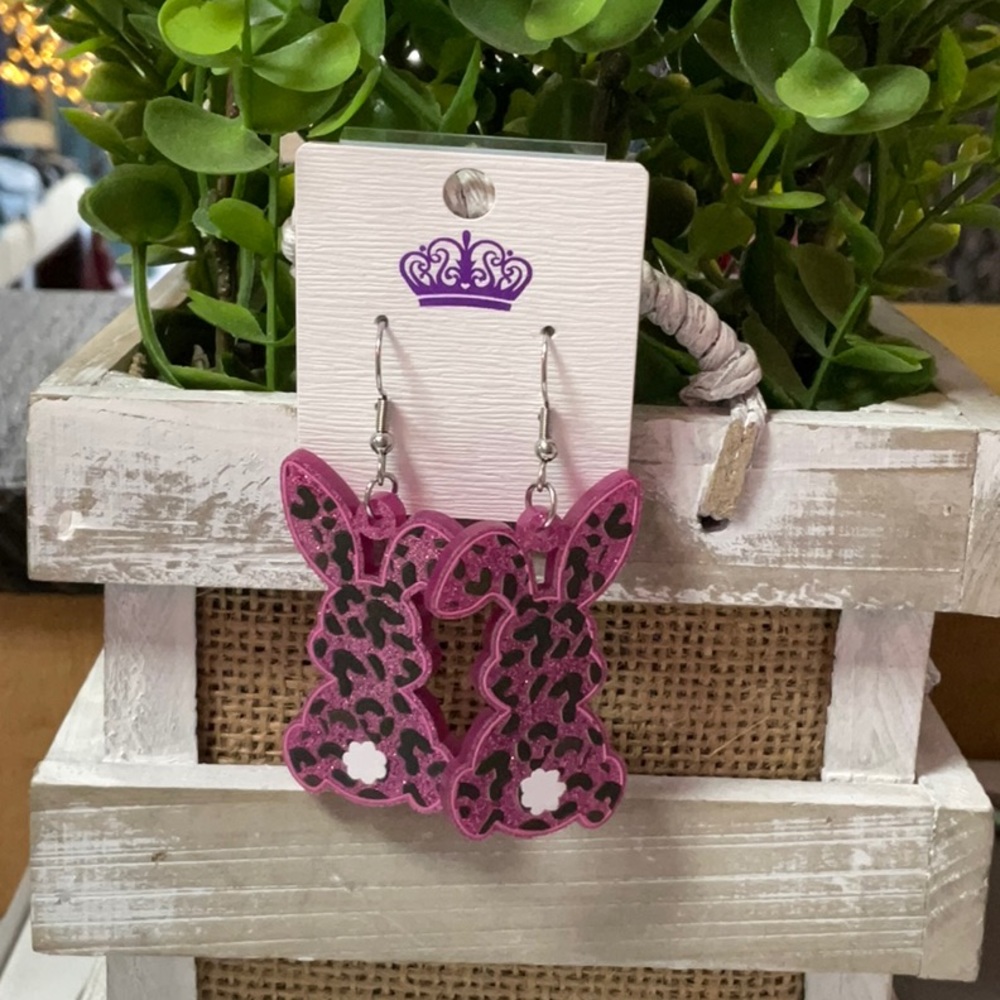 Purple Glittery Leopard Print Easter Bunny Earrings
